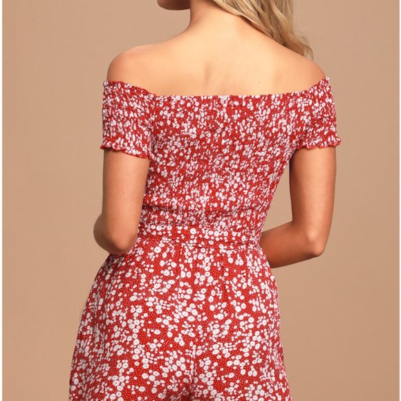 NWT Lulus Red Floral Print Smocked Off-the-Shoulder Romper - Picture 2 of 4